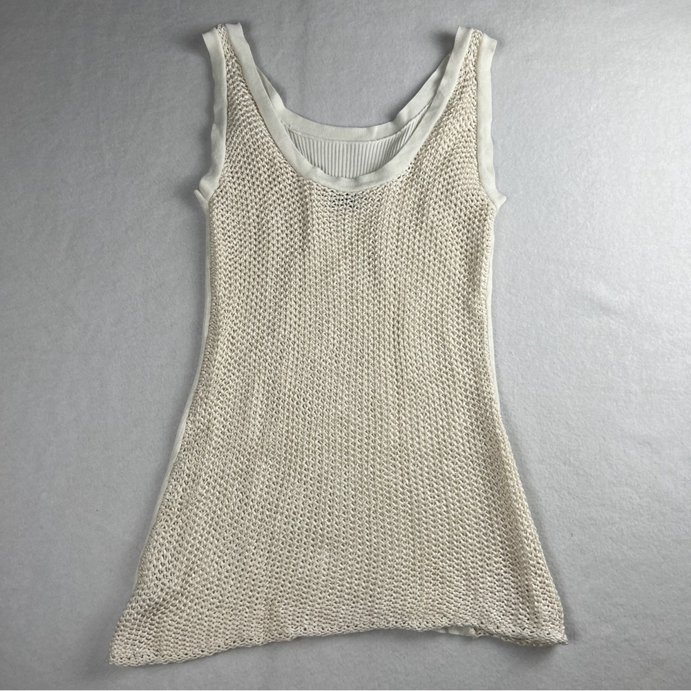 TSE Women's Ribbed Front‎ Crochet Back Cotton Silk Linen Blend White Medium